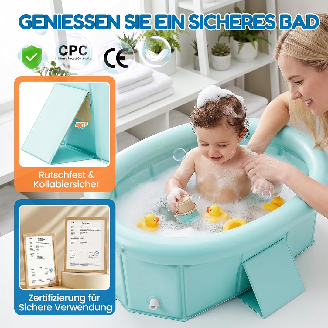 Orzbow Baby Badewanne, Faltbare Badewanne Kinder mit Aufblasbarem Oberrand, Tragbare Babybadewanne f