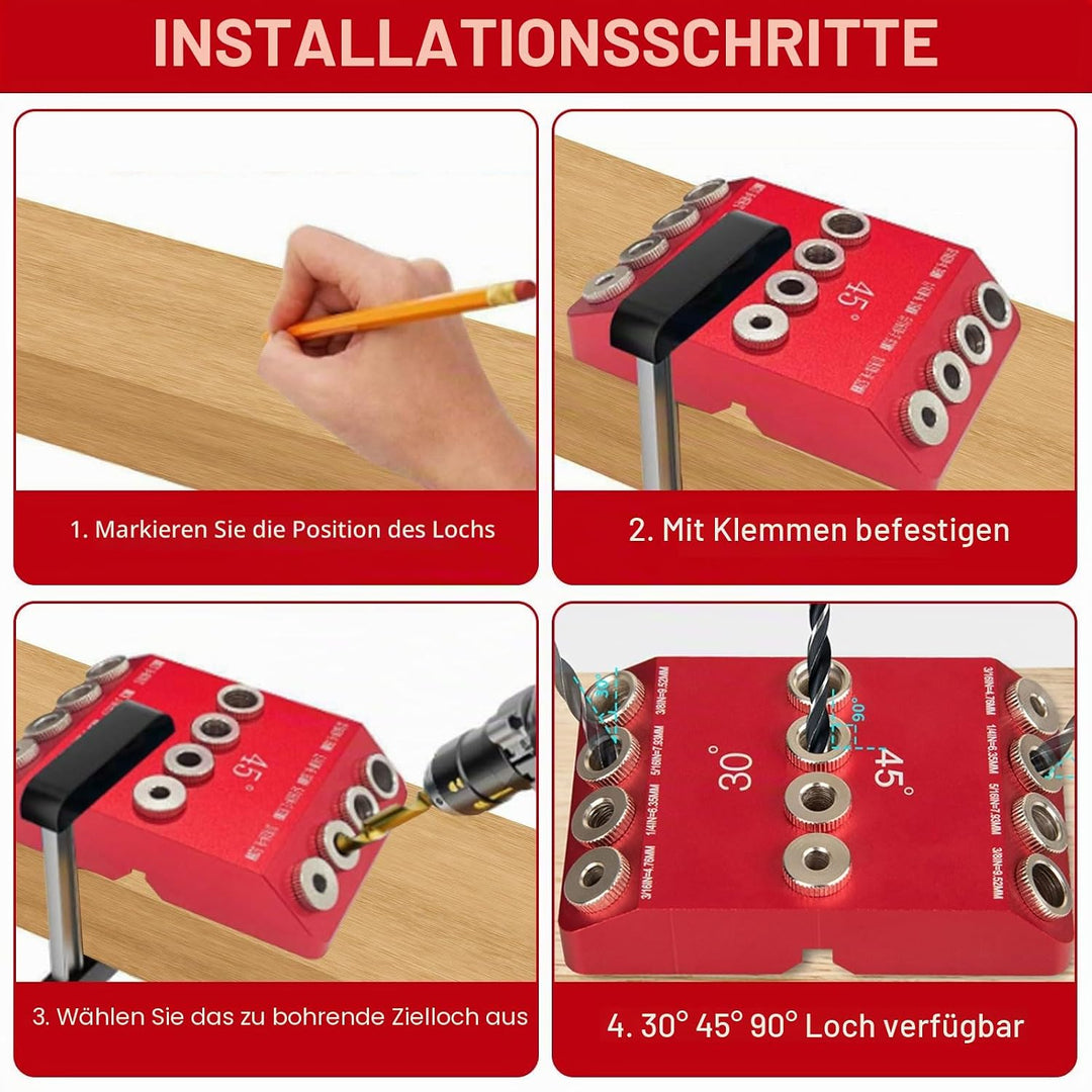 Holzdübel-Bohrschablone für Möbelbau, 3-in-1 Bohrständer zum senkrechten Bohren, Bohrlehre mit 30°/4