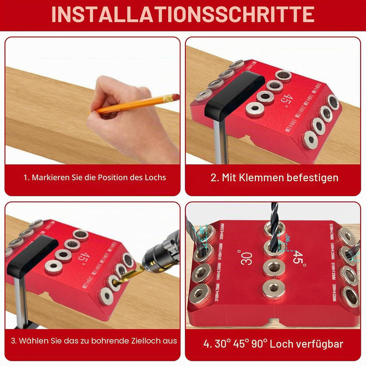 Holzdübel-Bohrschablone für Möbelbau, 3-in-1 Bohrständer zum senkrechten Bohren, Bohrlehre mit 30°/4