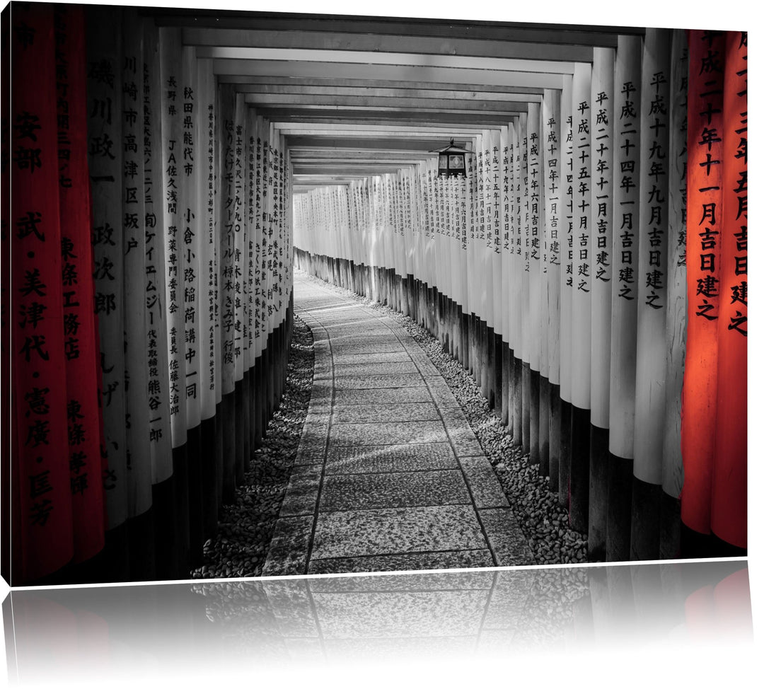 schöner Gebetsgang Japan schwarz/weiss Format: 100x70 auf Leinwand, XXL riesige Bilder fertig gerahm