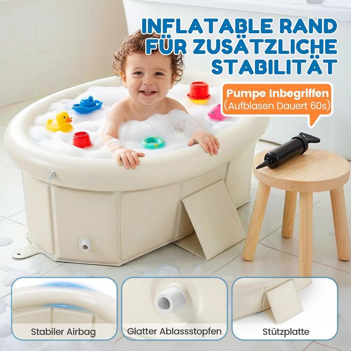 Orzbow Baby Badewanne, Faltbare Badewanne Kinder mit Aufblasbarem Oberrand, Tragbare Babybadewanne f