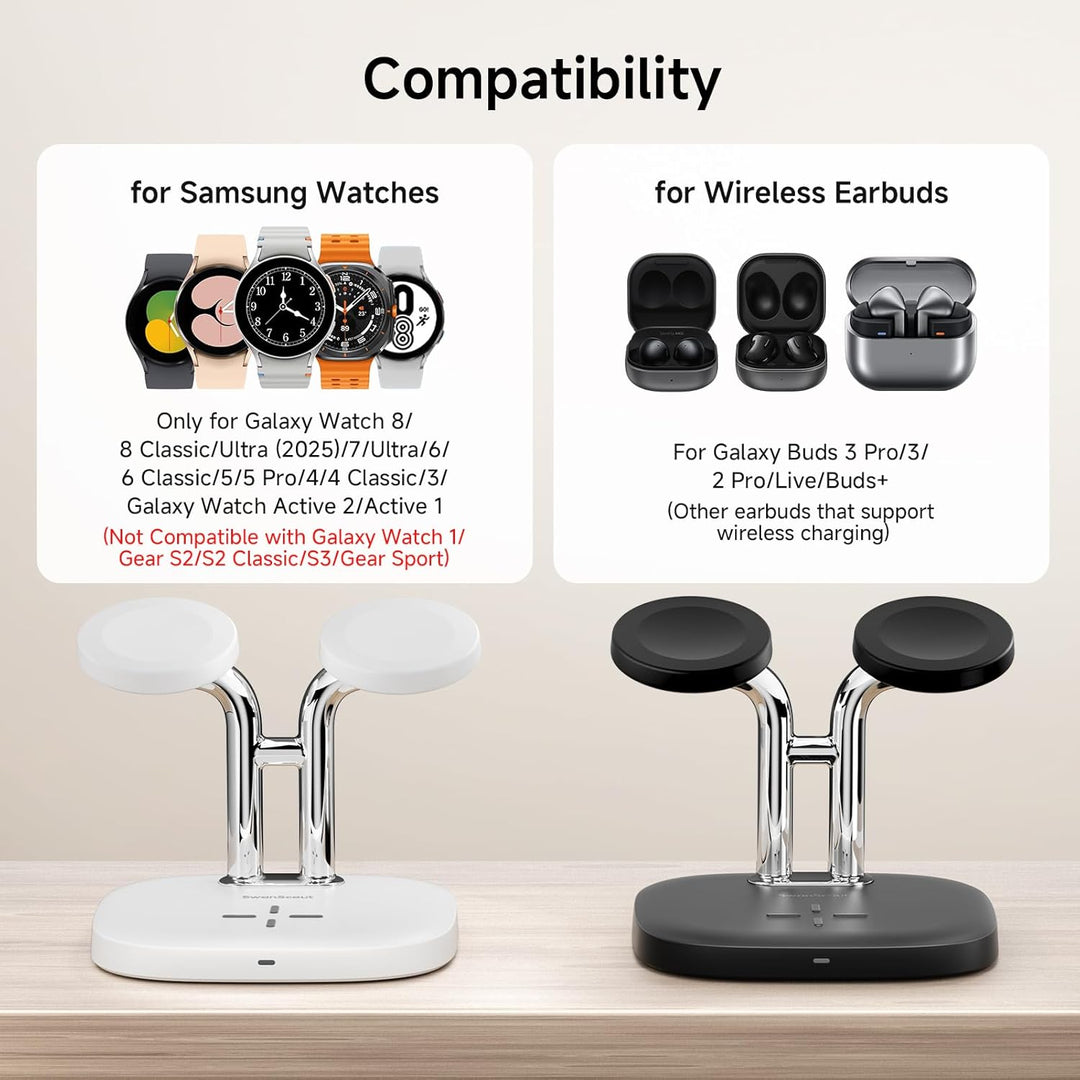 SwanScout 704S Dual Watch Ladestation für Samsung Galaxy Watch 8/8 Classic/7/Ultra/6/6 Classic/5/4/3