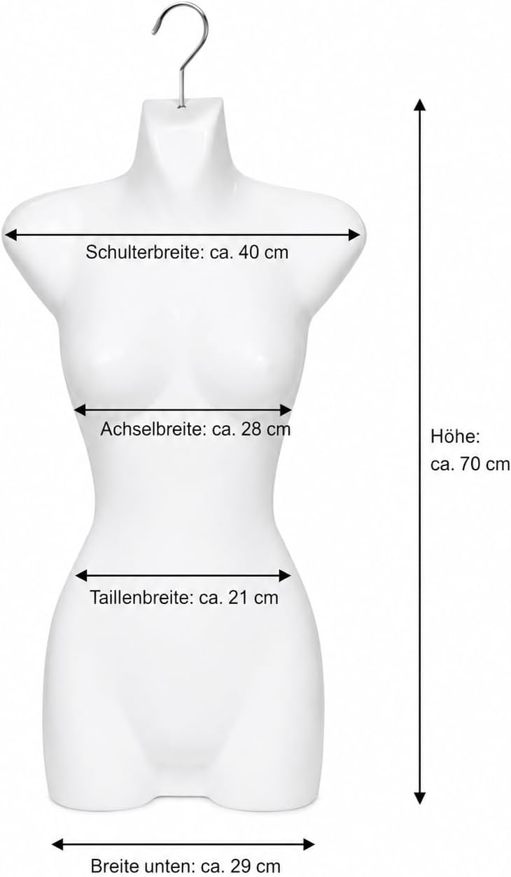 1 x Torso Weiblich - 66 cm Damentorso aus Kunststoff - Oberkörper Halbplastik in Farbe weiss - Manne