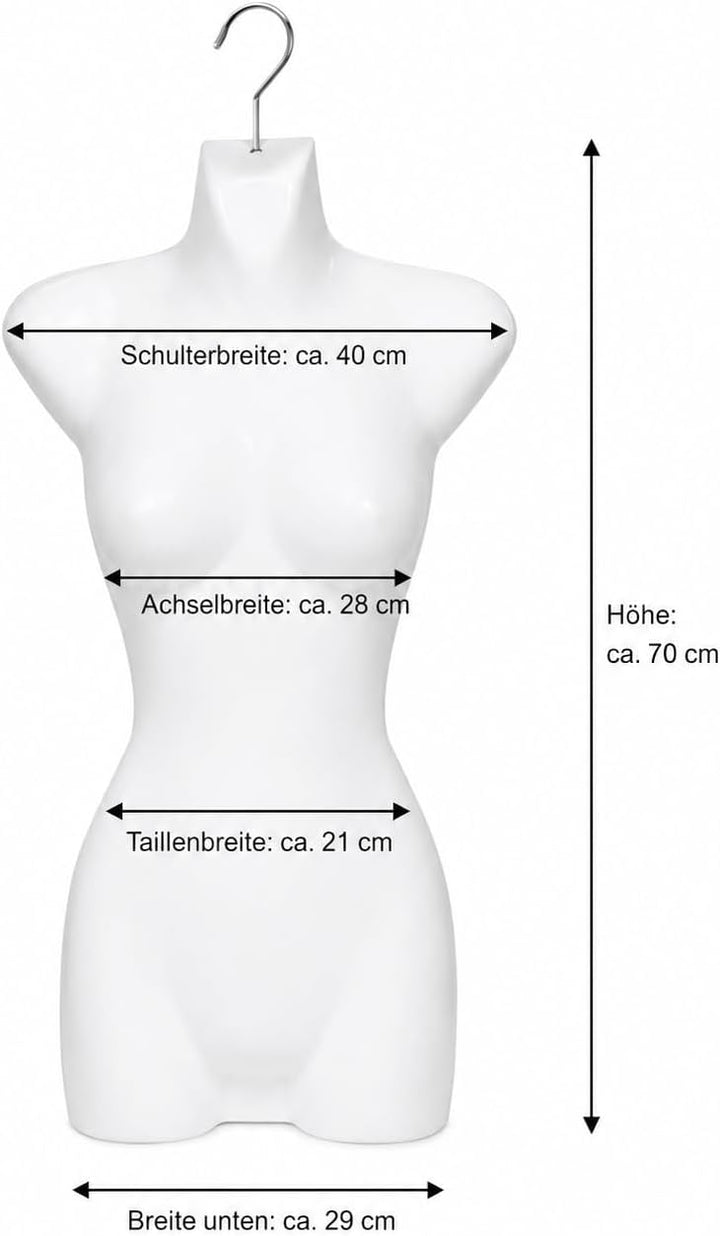 1 x Torso Weiblich - 66 cm Damentorso aus Kunststoff - Oberkörper Halbplastik in Farbe weiss - Manne