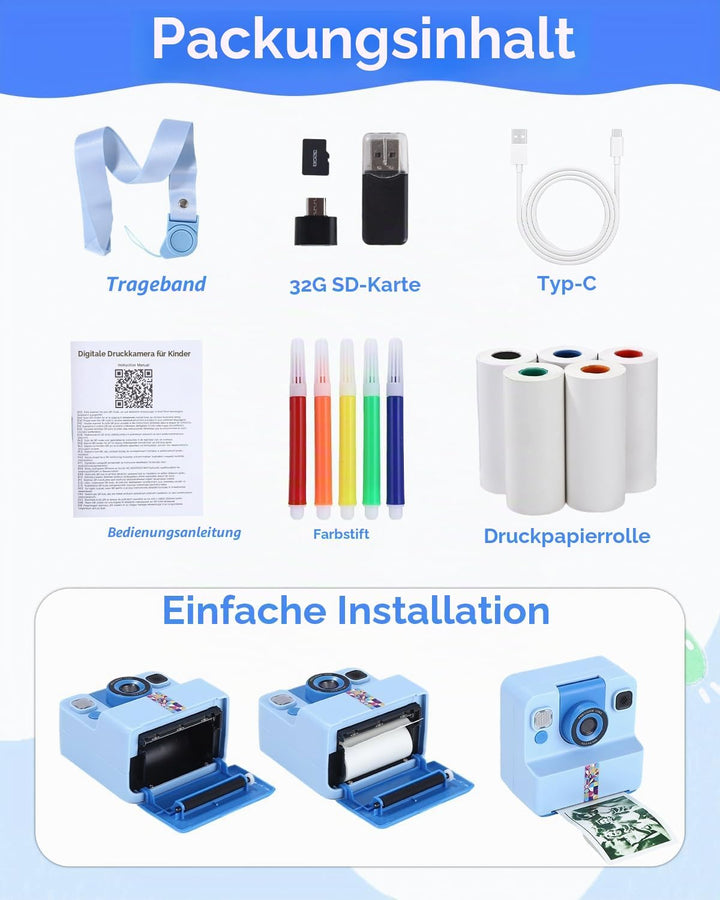 Sofortbildkamera Kinder, 1080P HD Kinderkamera Sofortbildkamera mit Sofortdruck, 32GB SD-Karte &amp; 5 R