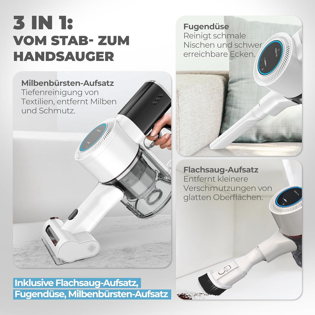 KLAMER Akku Staubsauger, 2-in-1 Staubsauger kabellos & Handstaubsauger, Akkulaufzeit bis 45 min, Akk