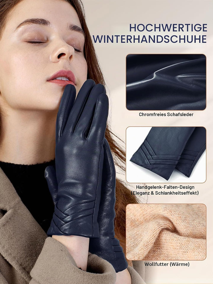 GSG SINCE 1998 Lederhandschuhe Damen aus chromfreiem Lammfell, Gefüttert mit Wolle/Kunstfell, Thermo