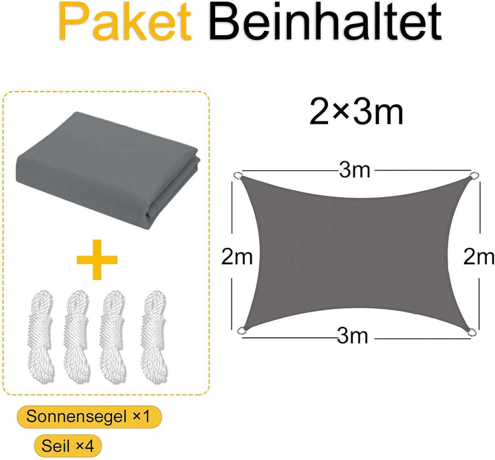 Sunal Sonnensegel 2x3m Rechteckig,PES Polyester Wasserdicht,95% UV Schutz,inkl.Befestigungsseile,gra