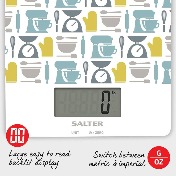 Salter 1102 GNBLDR Digitale Küchenwaage - Max 5kg, Null-/Tare-Funktion, Schlanke Glasplattform, LCD-
