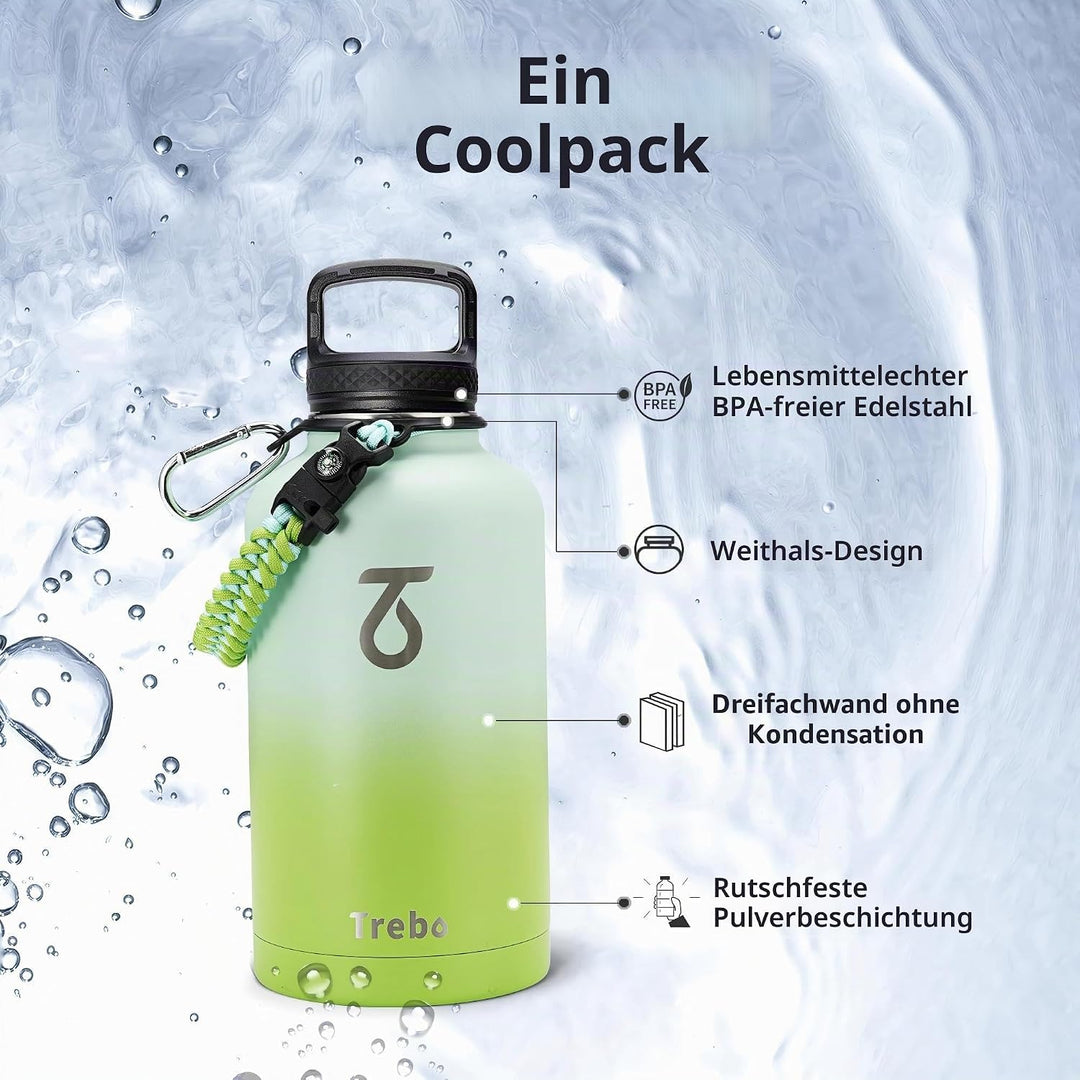 Trebo Isolierte Wasserflasche mit Paracord-Griff und Strohhalm, 1,8 l Fassungsvermögen, Edelstahl, g