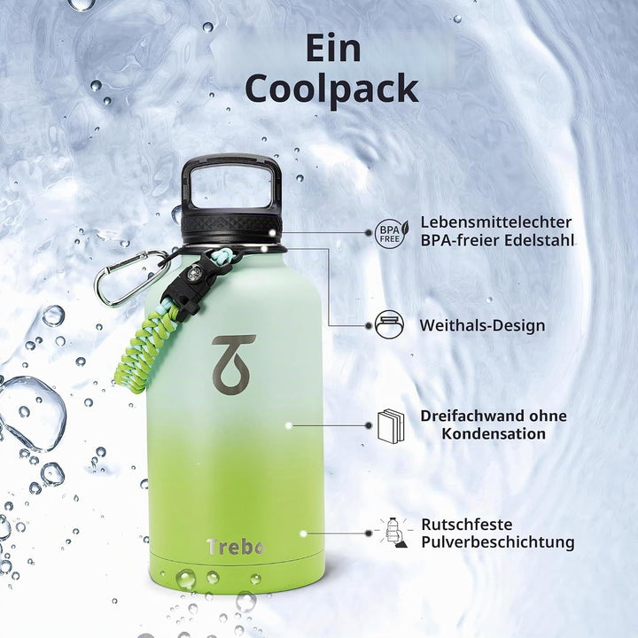 Trebo Isolierte Wasserflasche mit Paracord-Griff und Strohhalm, 1,8 l Fassungsvermögen, Edelstahl, g