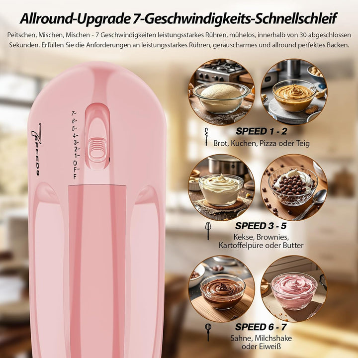 Handmixer, 7-stufig einstellbarer Küchenmixer, 304 Edelstahl-Zubehörteile (1X Schneebesen, 2X Knetha