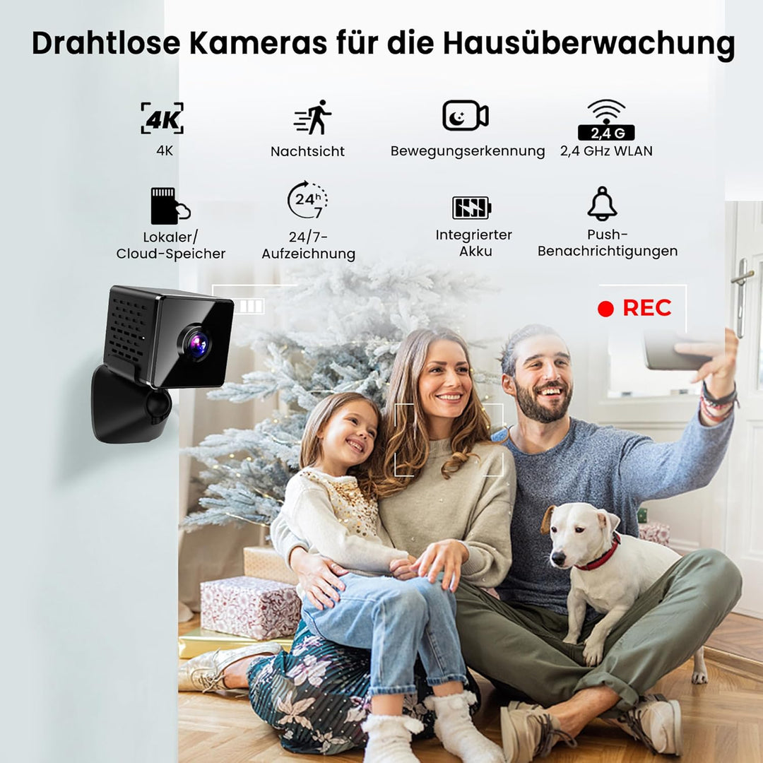 javiscam Mini Kamera inklusive Eurostecker,4K WiFi Überwachungskamera Innen Akku mit Nachtsicht, Kam
