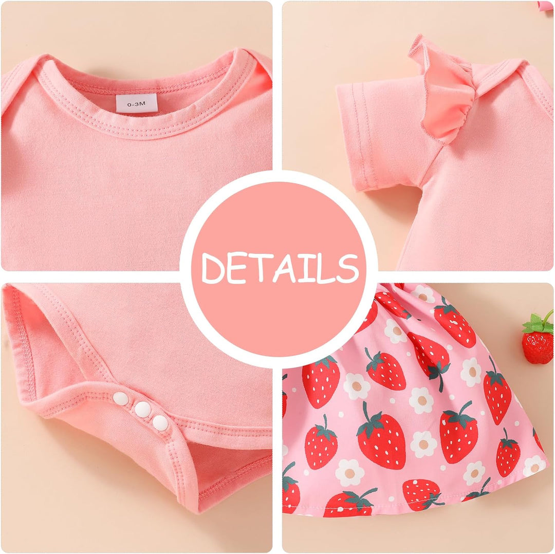 Neugeborenes Baby Mädchen Röcke Sets Kurzarm Rüschen Top + Bedrucktes Overalls Hosenträger Kleid + S