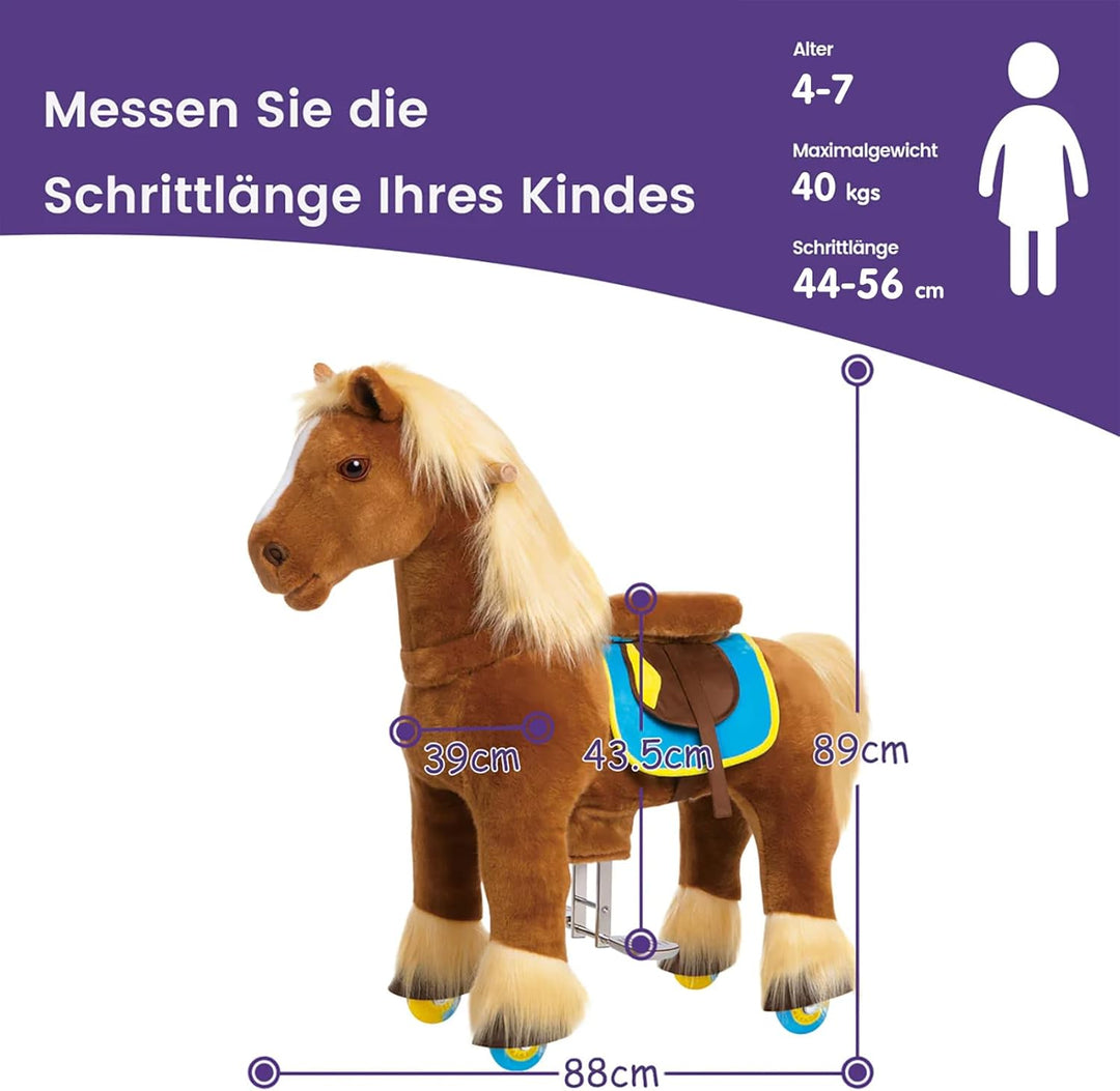 PonyCycle Reitpferd auf Rollen, für Kinder 4–7 Jahre, 89cm Hoch, Schaukelpferd Gross mit Handbremse,