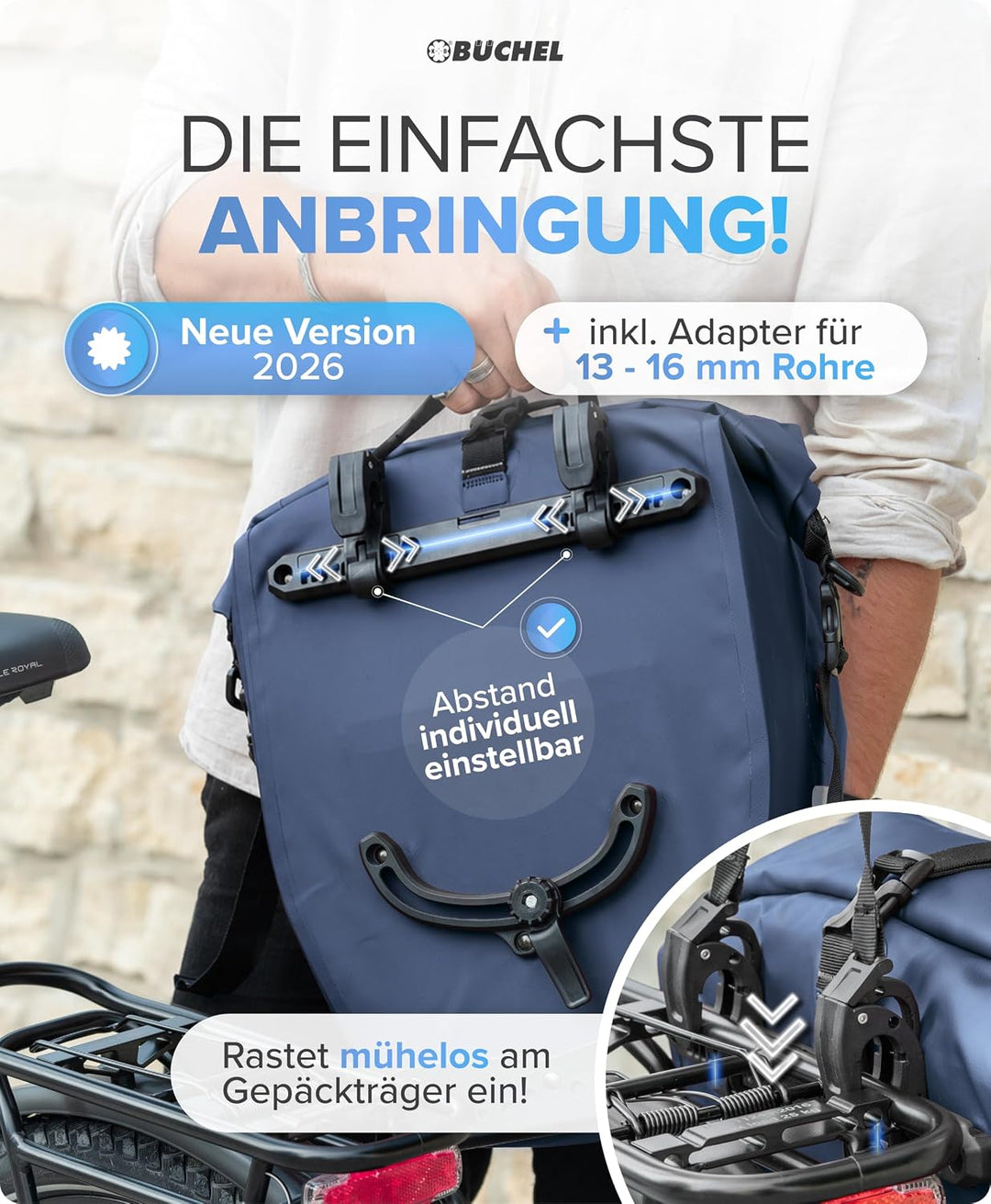Büchel Fahrradtasche für Gepäckträger I 100% Wasserdicht I mit Tragegriff und Schultergurt I fahrrad