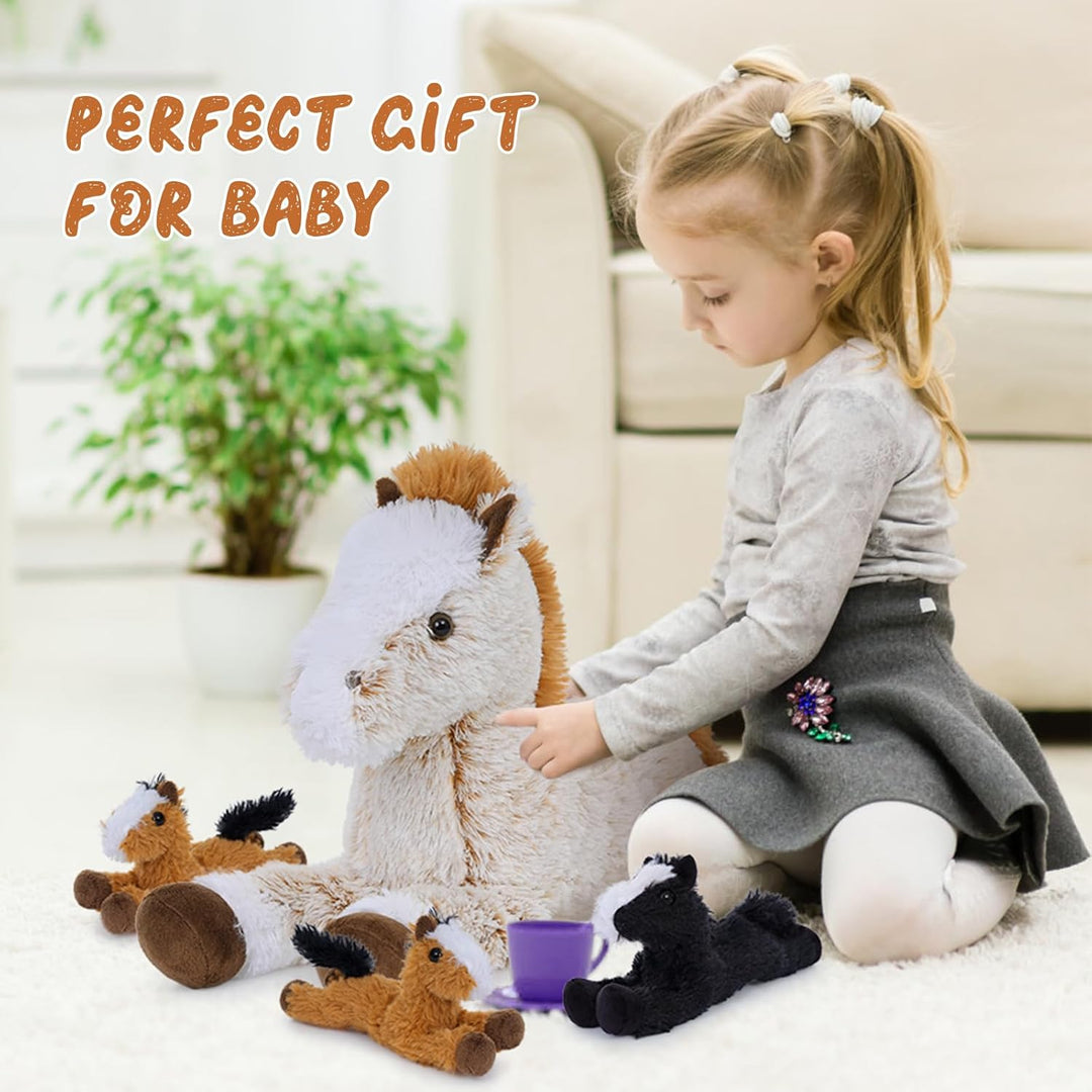 MorisMos 54cm riesen Pferd Kuscheltier XXL mit 3 Baby Pony im Bauch, gross Plüschpferd Kuscheltiere