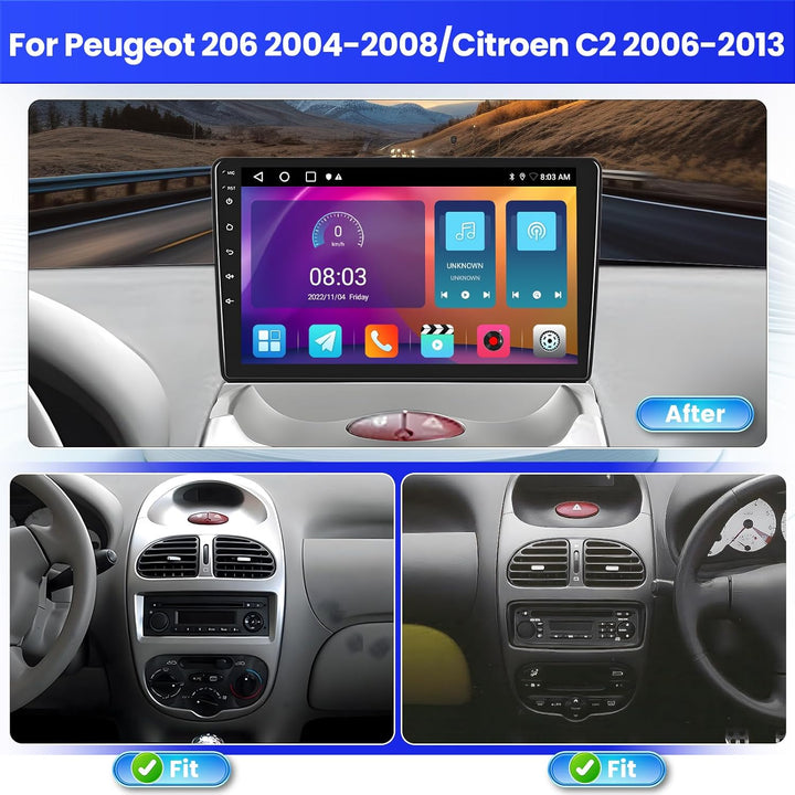 Radio für Peugeot 206 2004-2008/Citroen C2 2006-2013 Android 15 2+64G mit Wireless CarPlay Android A