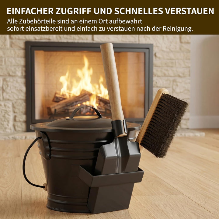 Stahlascheimer mit Deckel für Kamine, 5L Metall-Ascheeimer inklusive Handschuhe, Schaufel und Handfe