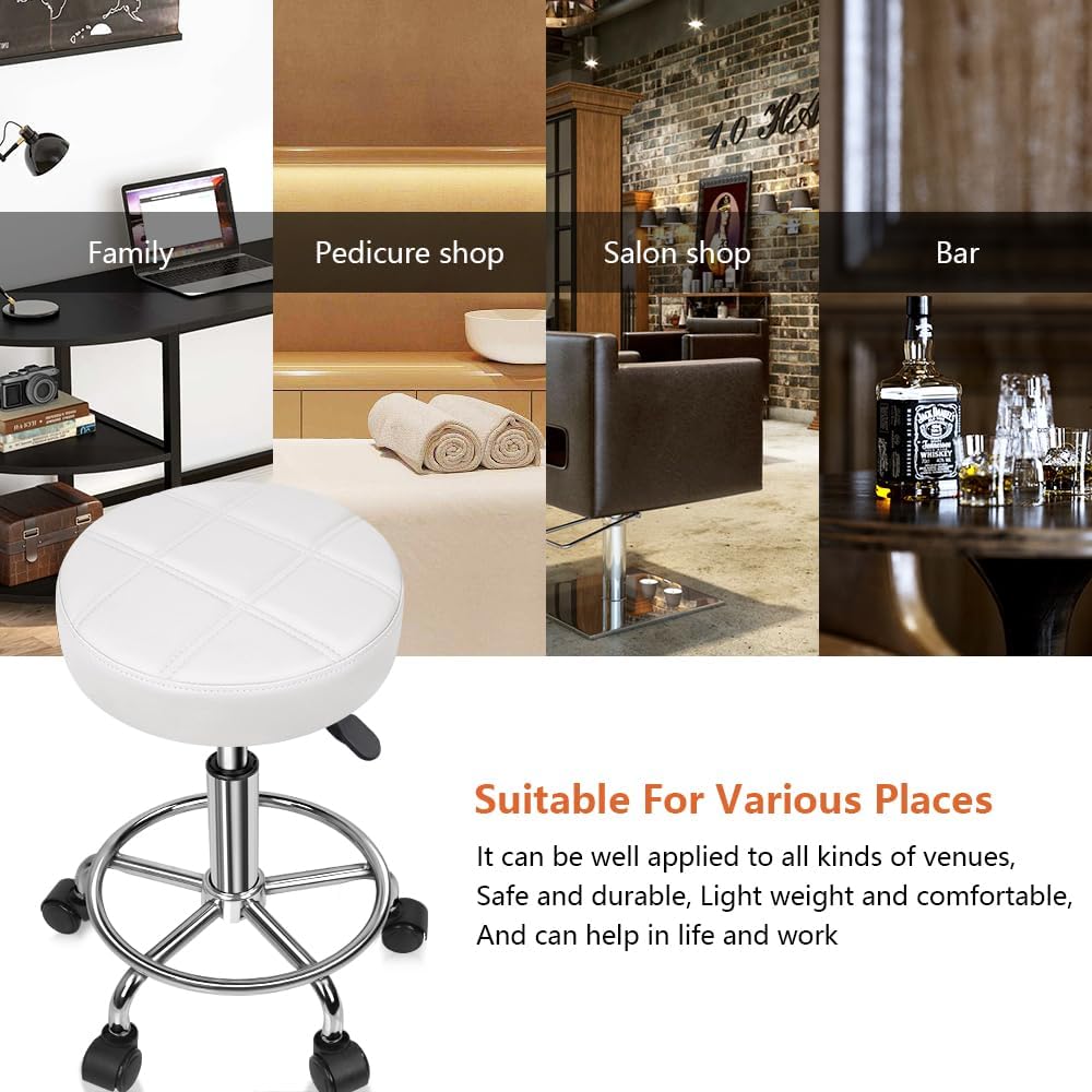 KKTONER Rollhocker Arbeitshocker Barhocker höhenverstellbar 49-64cm drehbar aus Kunstleder Weiss, We