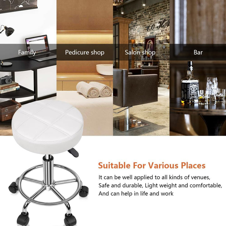 KKTONER Rollhocker Arbeitshocker Barhocker höhenverstellbar 49-64cm drehbar aus Kunstleder Weiss, We
