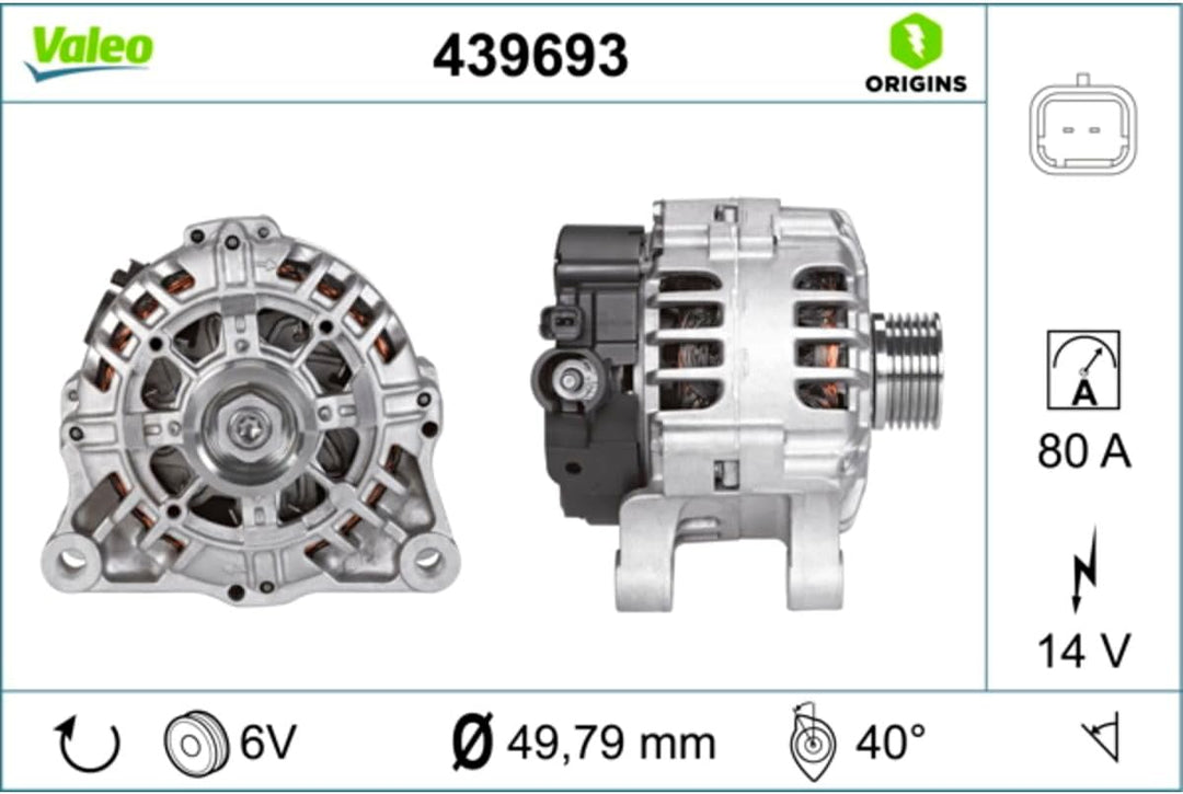 VALEO 439693 Generator Ladestrom des Generators: 80 Amp Rippen: 6 rippen Riemenscheibe Ø: 50 mm Span