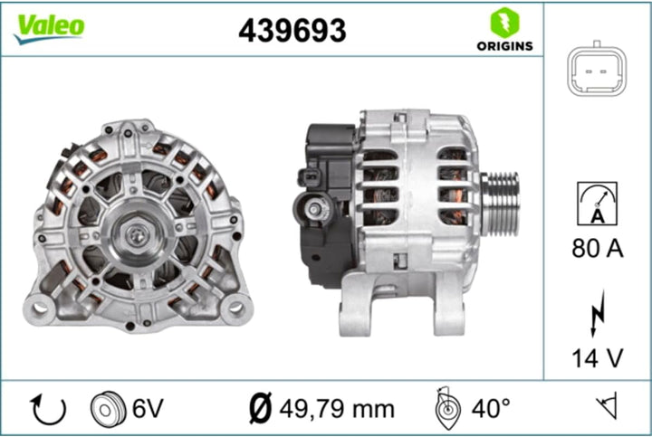 VALEO 439693 Generator Ladestrom des Generators: 80 Amp Rippen: 6 rippen Riemenscheibe Ø: 50 mm Span