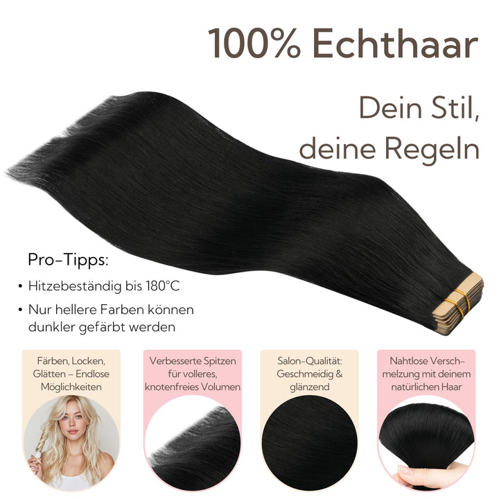 Hotbanana Tape-In-Haarextensions, 35cm 20 Stück 50g Tiefschwarz Tape-In-Echtes Remy-Echthaar-Extensi