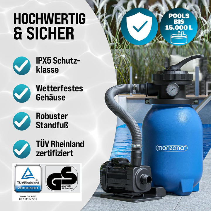MONZANA® Sandfilteranlage MZPF180 5000 l/h bis 15.000L Pool mit Filterbällen 7 Wege Ventil 2in1 Adap
