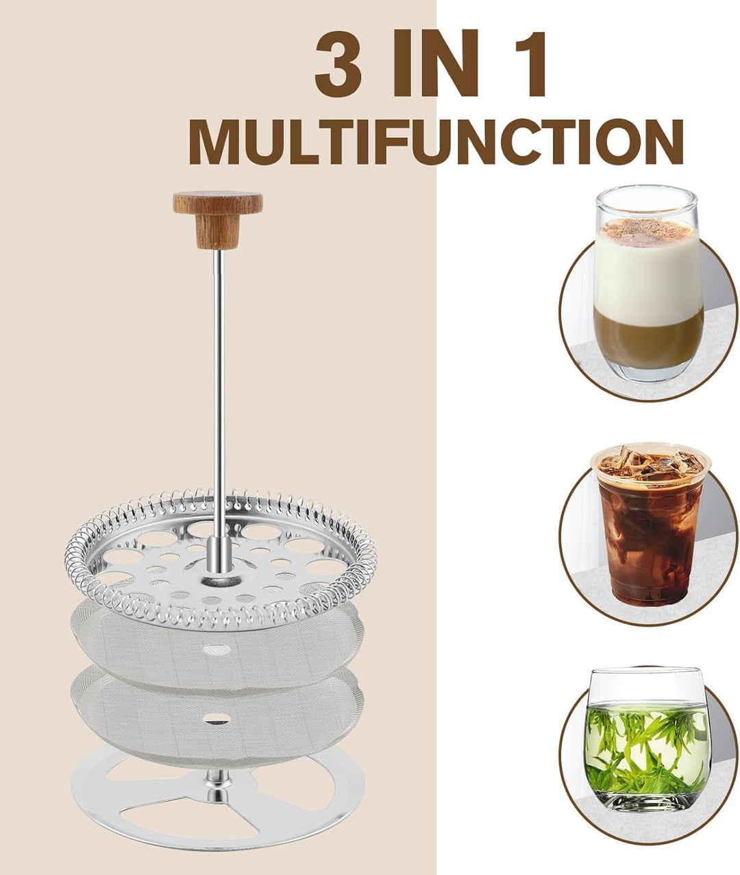 Rorence French Press 1L Edelstahl doppelwandig isoliert – Kaffeebereiter mit Holzgriff & Edelstahl-F
