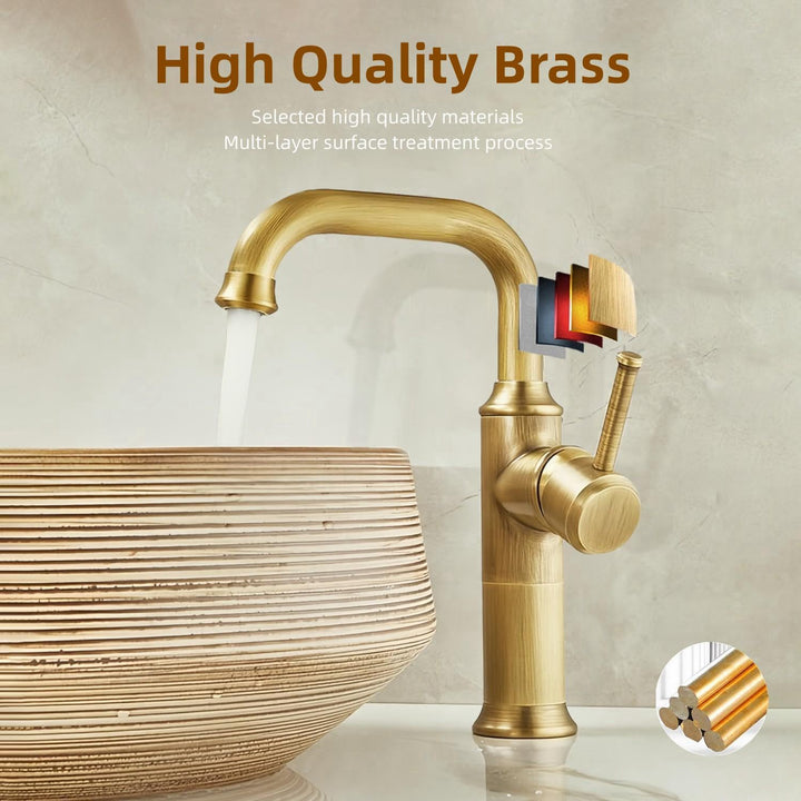 Wasserhahn Bad Antik Messing, Waschtischarmatur Hoch 360° Drehbar, Einhebel Mischbatterie Badarmatur