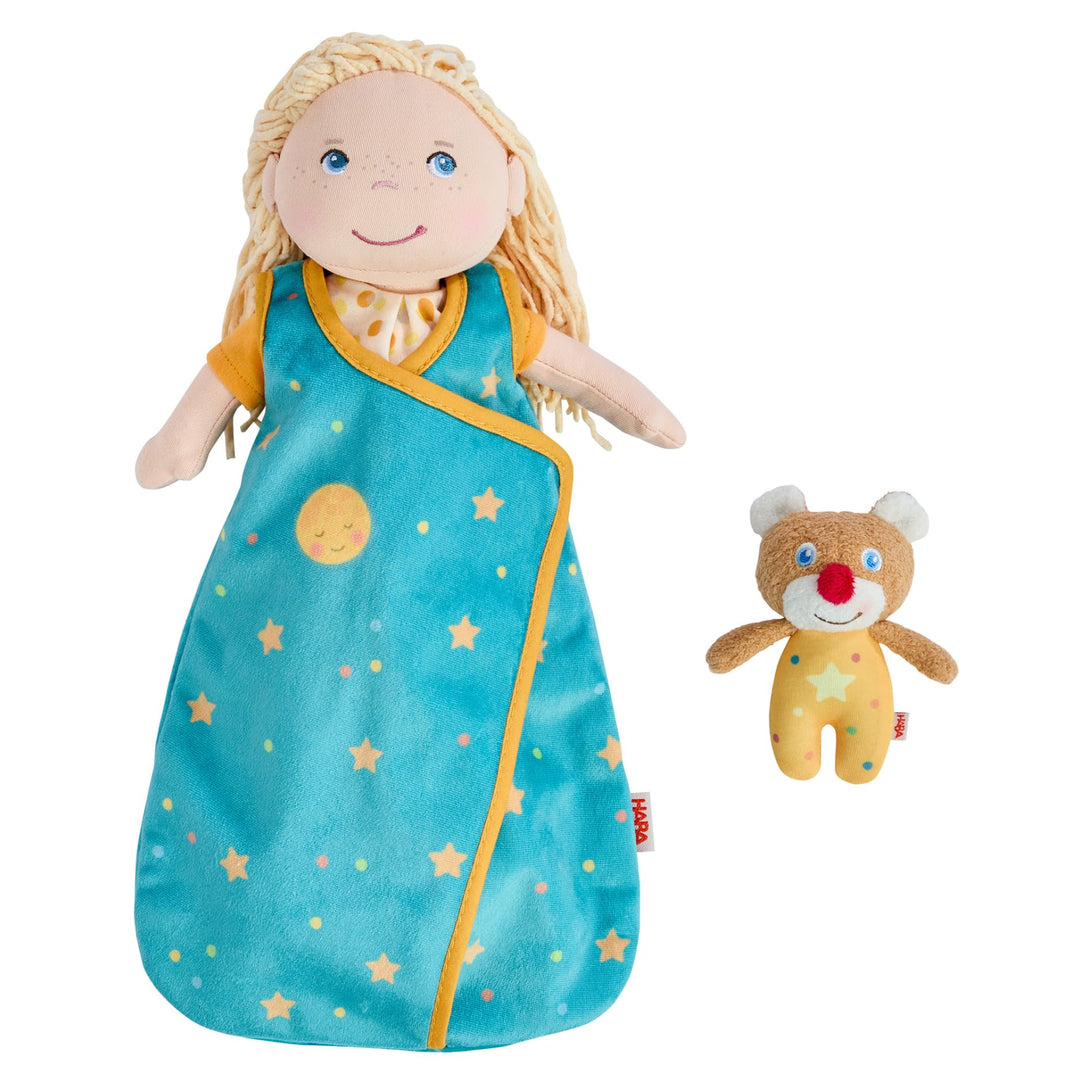 HABA Puppen-Schlafset Träum schön – Puppenschlafsack mit Mini-Teddy, für 30 cm Puppen, Waschbar bei