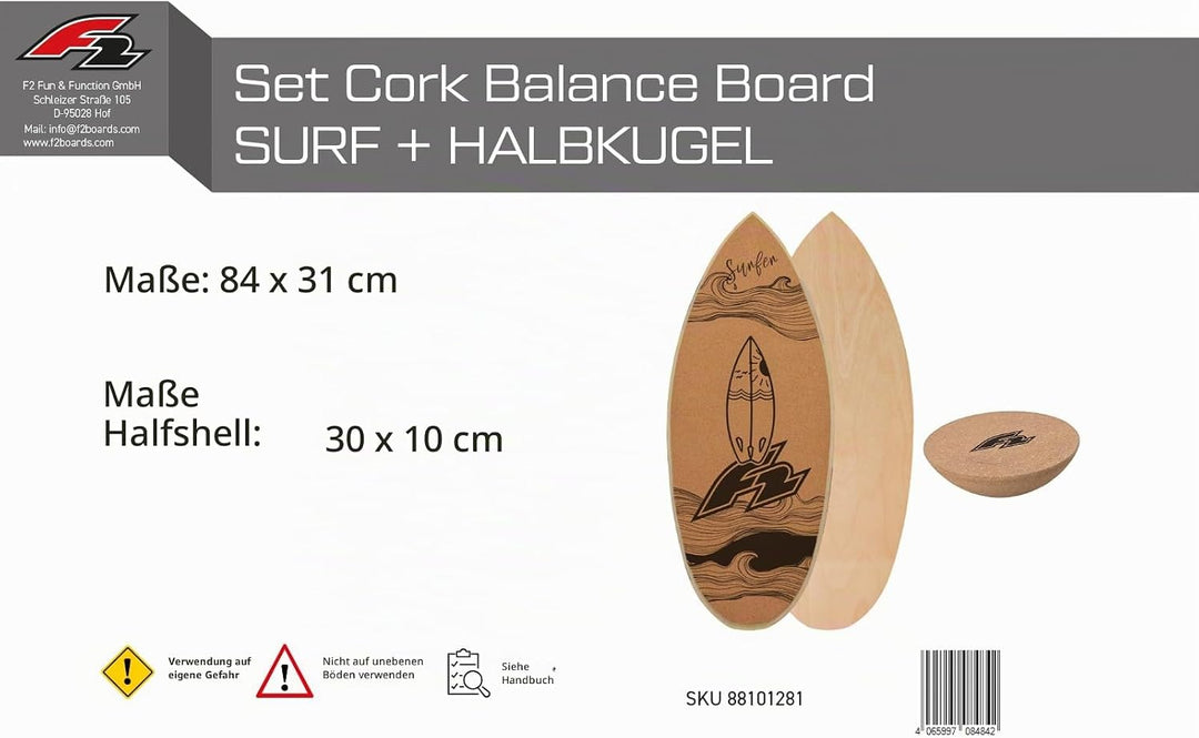 F2 Set Kork Balance Board Flat Shape + Halbkugel Modell wählbar Surf 84x31cm + Halbkugel, Surf 84x31