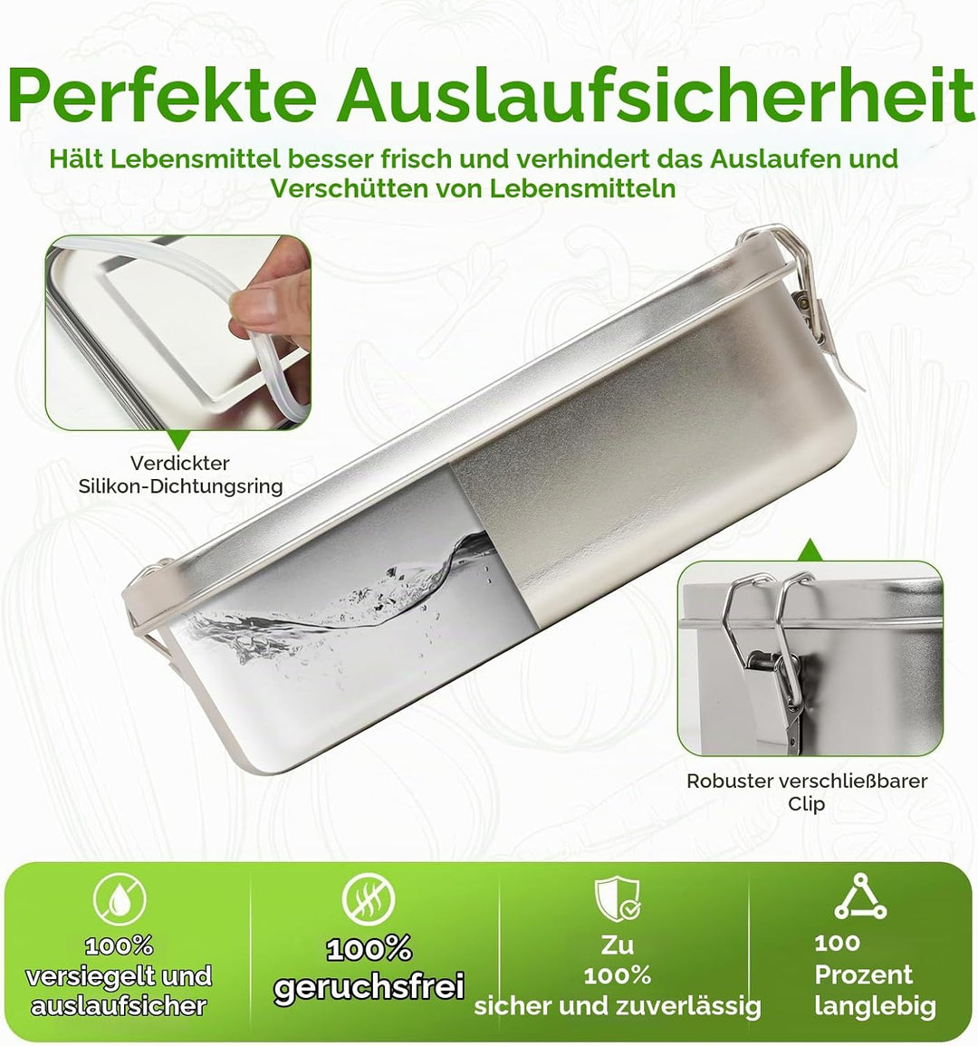 2 Pack 1400/850ml 304 Edelstahl Lunch Box und Lebensmittelbehälter mit Deckel Auslaufsicheres verste