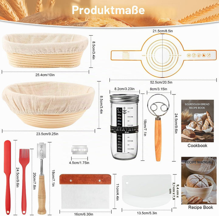 12 Stück Sauerteig Starter Set, 23,5cm & 25,4cm Gärkorb Brot Backen Mit Broschüre, Sauerteig Starter