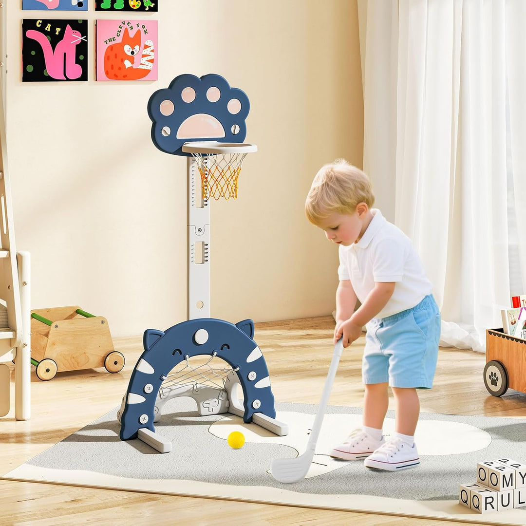 COSTWAY 3 in 1 Kinder Basketballkorb, Basketballständer mit Basketball & Fussball & Golfspiel, Indoo
