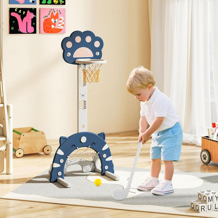 COSTWAY 3 in 1 Kinder Basketballkorb, Basketballständer mit Basketball & Fussball & Golfspiel, Indoo