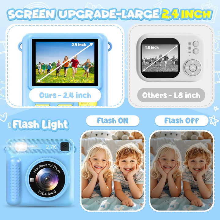 Sofortbildkamera Kinder, 1080P 2,4 Zoll Bildschirm KinderKamera mit 32G Karte & Druckpapier, Kinders