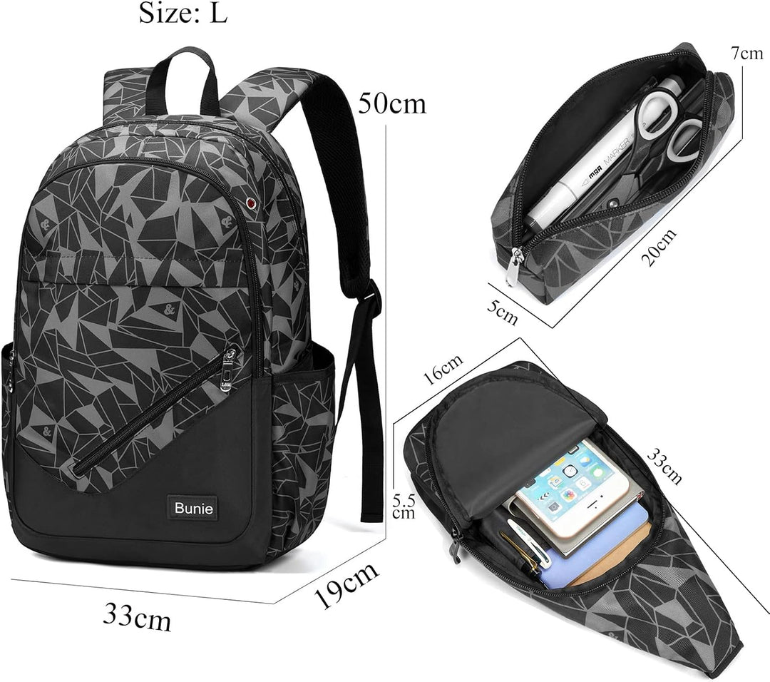 bunie Rucksack für Jungen Grosse Büchertasche Wasserdichte Schultasche Federmäppchen Umhängetasche S