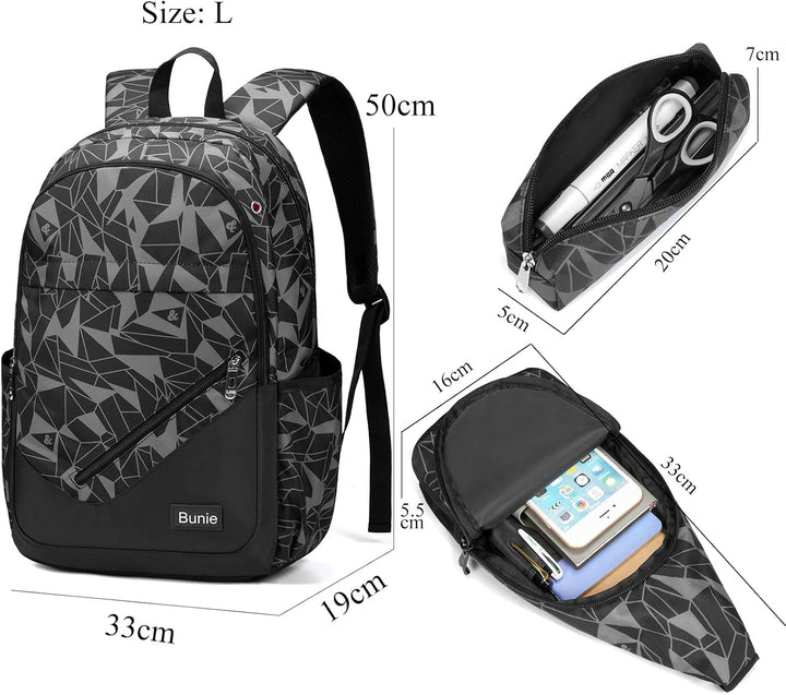 bunie Rucksack für Jungen Grosse Büchertasche Wasserdichte Schultasche Federmäppchen Umhängetasche S