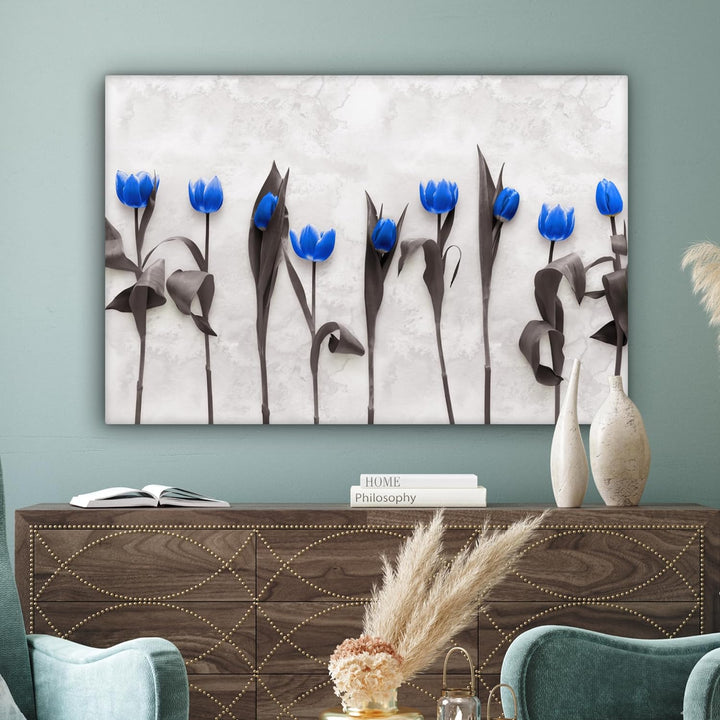 MuchoWow Leinwand Bilder, Einzigartige Wanddeko mit Rahmen, Blumen - Tulpen - Blau, Wandbilder Wohnz