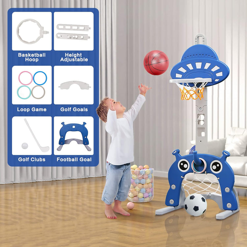 Kinder Basketballkorb Set |4 in 1 höhenverstellbarer Basketballständer & Fussballtor Golfspiel Ringw