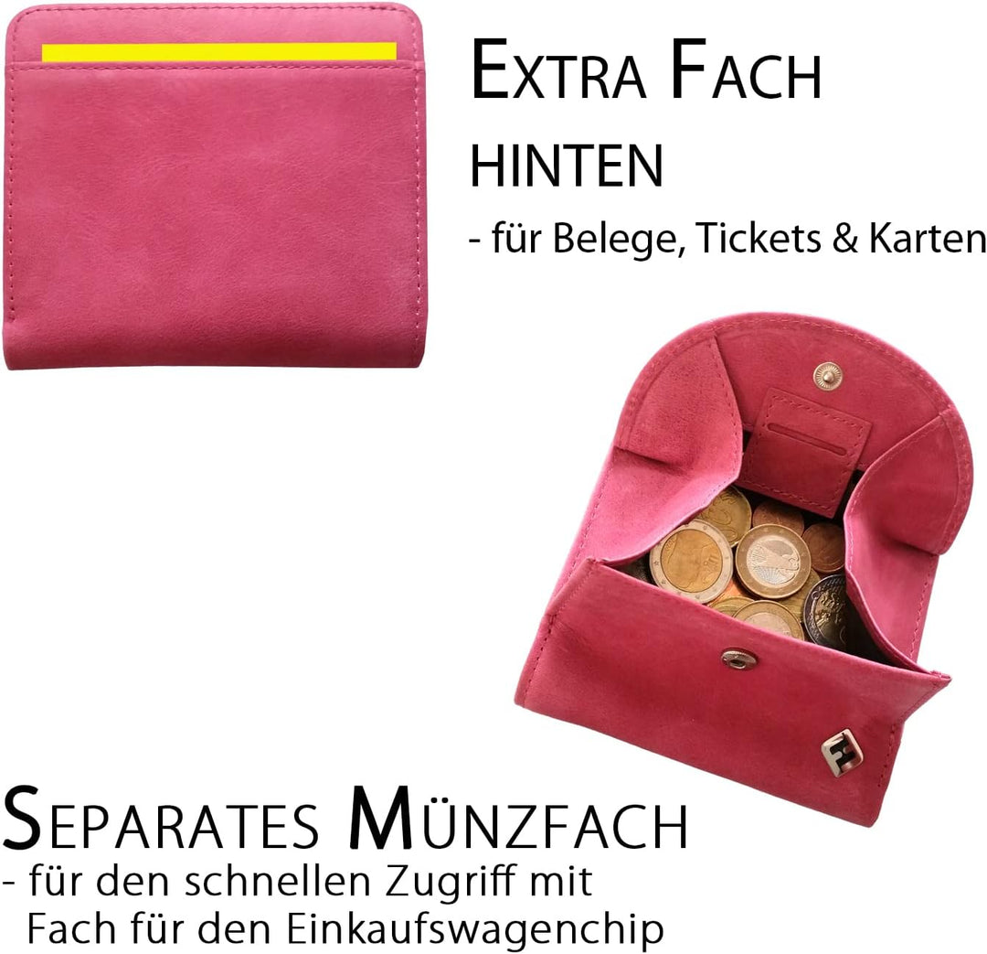 Geldbeutel Damen klein, Reise Portemonnaie, viele Fächer, Leder pink, RFID Blocker, Münzfach | Geldb