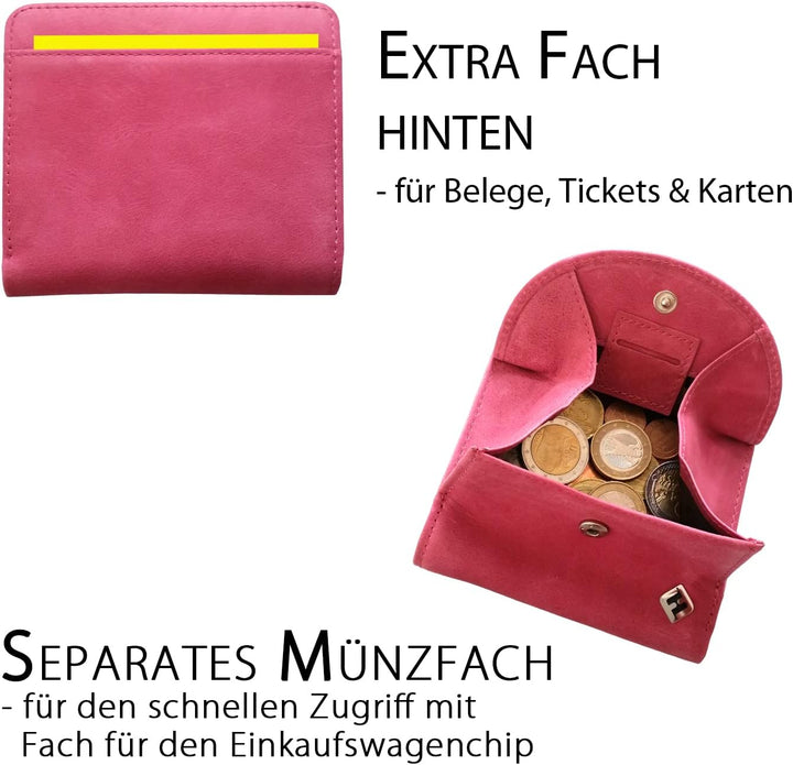 Geldbeutel Damen klein, Reise Portemonnaie, viele Fächer, Leder pink, RFID Blocker, Münzfach | Geldb