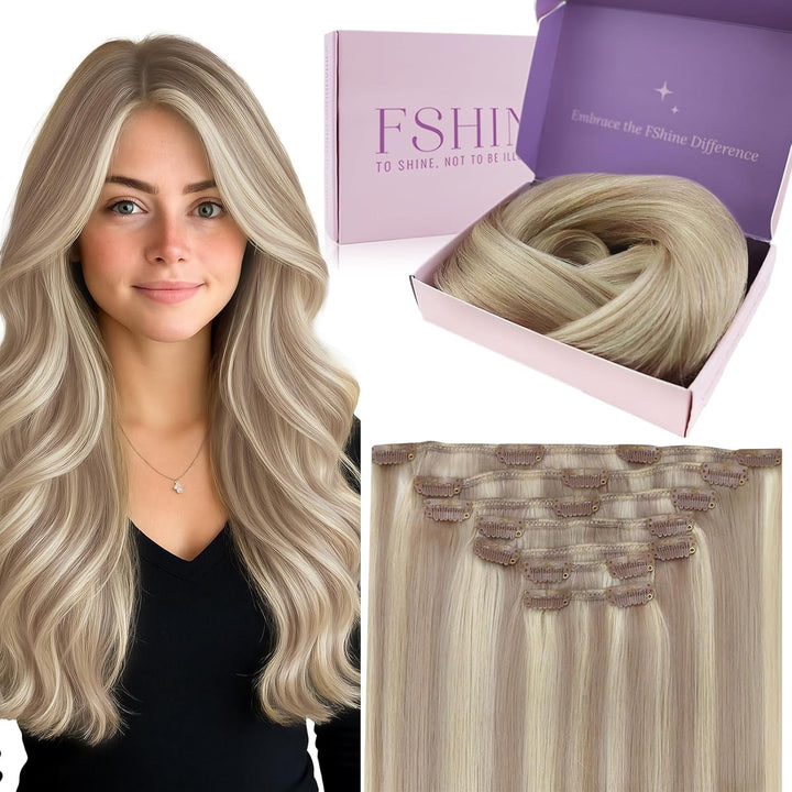 Fshine Echthaar Extensions Clip 35cm 120g Aschblondes Highlight mit Bleichblond Clip in Extensions E