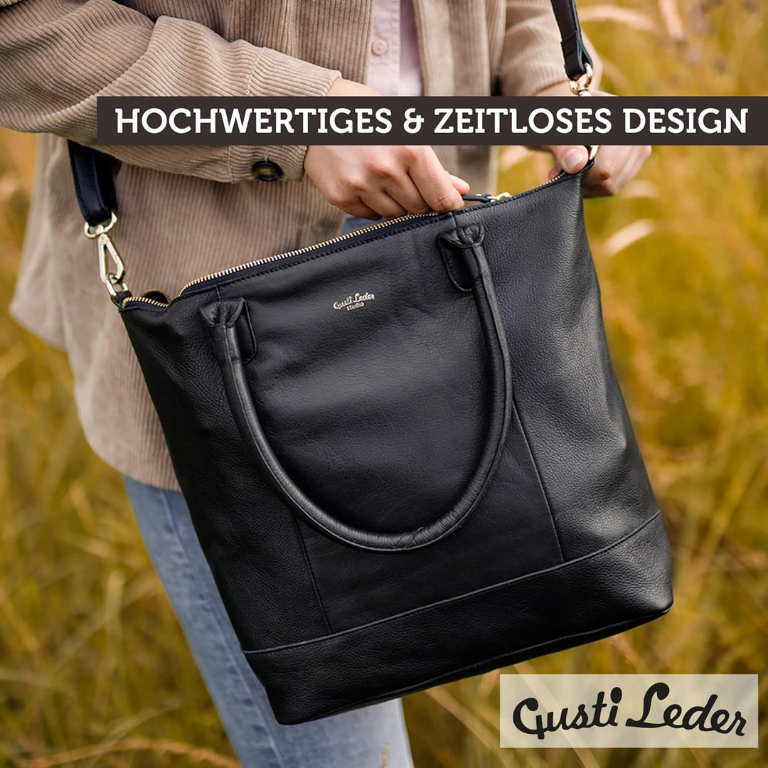 Gusti Shopper Leder - Mia Handtasche Damen Arbeitstasche Schwarz, Schwarz
