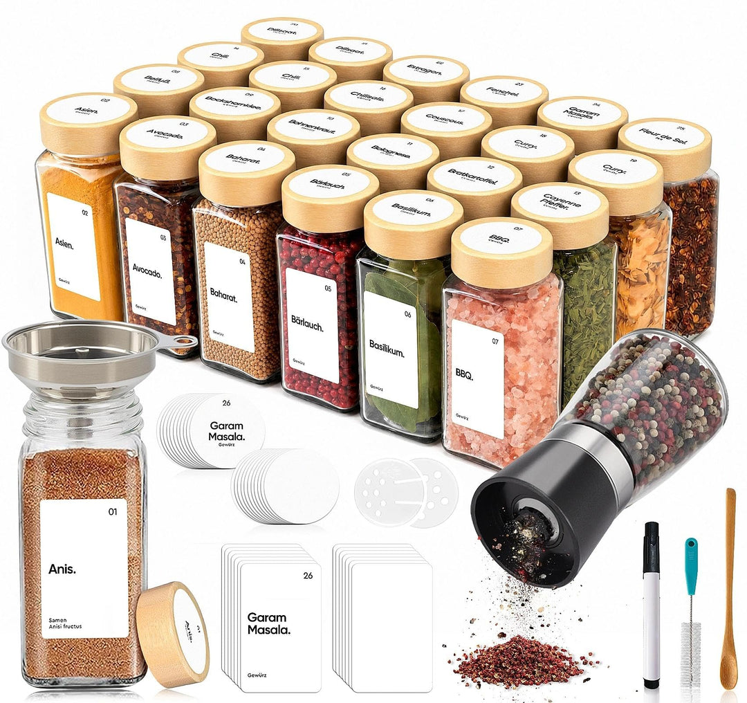 24 Gewürzgläser Eckig Set mit Bambusdeckel 10,5 x 4,5 cm Gewürz Organizer mit Gewürzmühle und 200 We