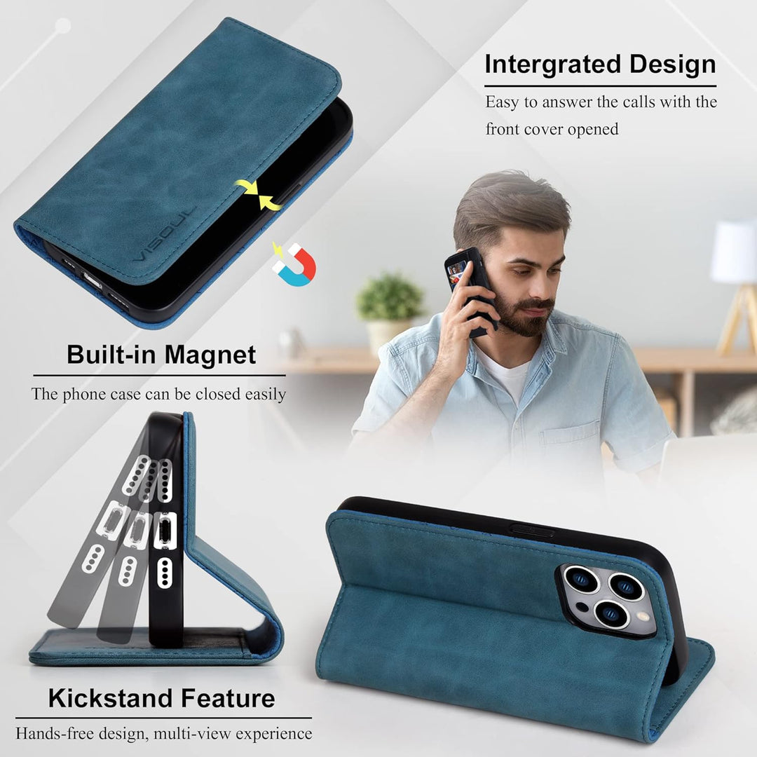 VISOUL Hülle für iPhone 14 Pro Max Handyhülle [ Echtleder] [Schützt] [Kartenfach] [Magnet] [Standfun