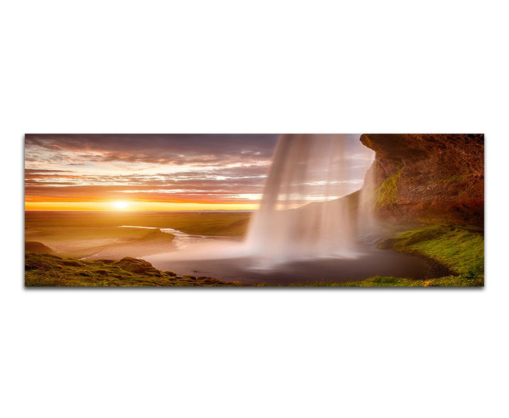 Paul Sinus Art Panoramabild auf Leinwand und Keilrahmen 150x50cm Meer Felsen Wasserfall Sonnenunterg