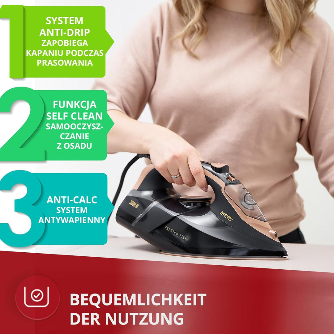 MPM Bügeleisen mit Keramiksohle MZE-24/C – 190g Dampfstoss - Kontinuierlicher Dampf - Vertikale Damp